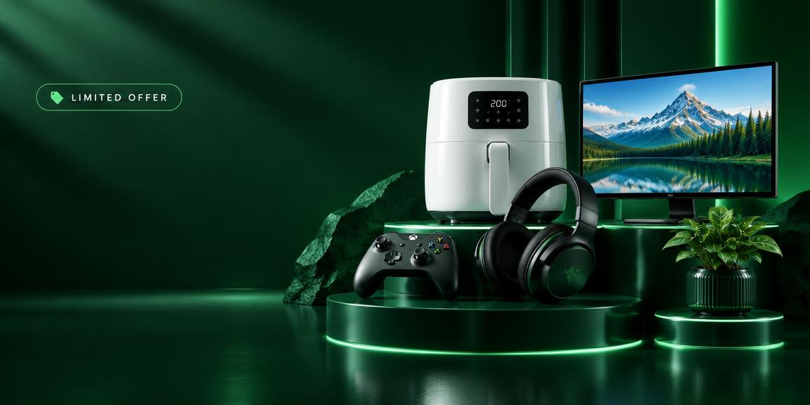 Gaming and home electronics on glowing podium
