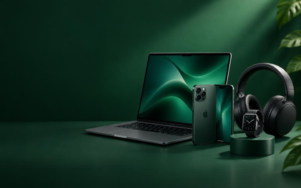 Laptop, smartphone and headphones on green backdrop