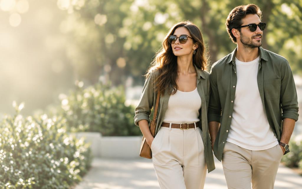 Couple wearing fashionable casual outfits outdoors